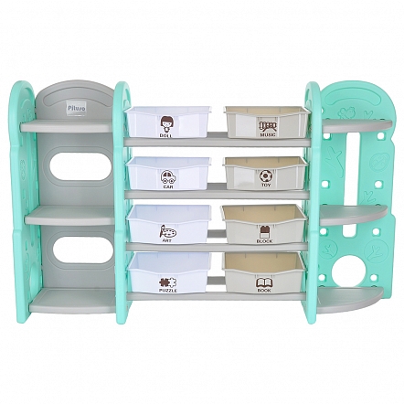 Стеллаж для игрушек с ящиками и приставками(книжн.+углов),4 полки,Бежев./бирюз./бел.153*36*91