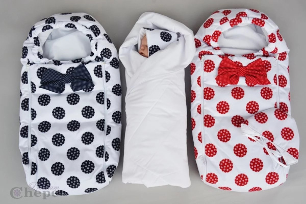 Комплект на выписку, конверт 2 молнии, шапочка, одеялко, Демисезон, белый - красный крупный горох, арт 987