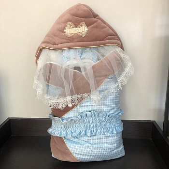 Конверт-Одеяло на выписку ЗИМА, Мокко, Голубой/Коричневый, арт.  ш1201