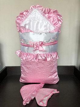 Комплект на выписку, Конверт 2 молнии, одеяло, две шапочки, опоясывающая лента, Зима, Розовый атлас, арт 987