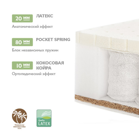 PLITEX Матрас в кроватку Bamboo Sleep блок независимых пружин кокос+латекс (125х65х12см)