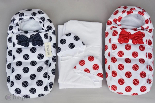 Комплект на выписку, конверт 2 молнии, шапочка, одеялко, Демисезон, белый - красный крупный горох, арт 987