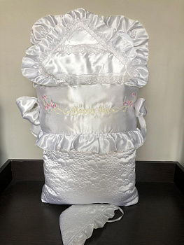 Комплект на выписку, Конверт 2 молнии, одеяло, две шапочки, опоясывающая лента, Зима, Белый атлас, арт 987