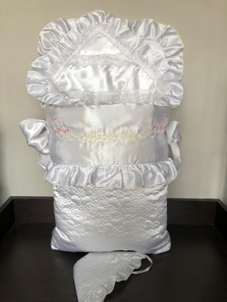 Комплект на выписку, Конверт 2 молнии, одеяло, две шапочки, опоясывающая лента, Зима, Белый атлас, арт 987